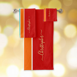 Conjunto De Toalhas Red Orange Teal Racpes Faux Monograma Dourado