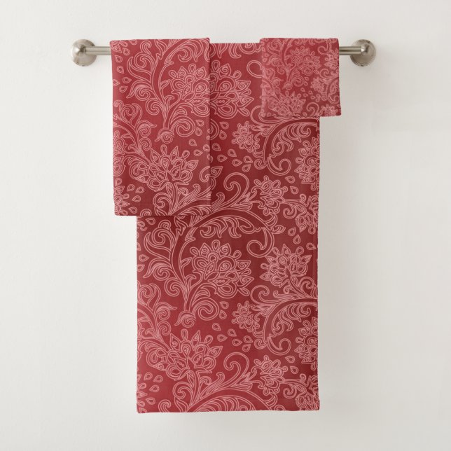 Conjunto De Toalhas Red Paisley Damask Designer Floral Classic (Insitu)