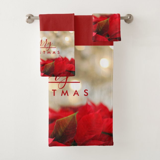 Conjunto De Toalhas Red Poinsettias com Ouro Bokeh Feliz Natal (Insitu)