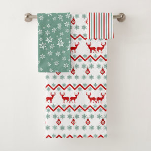 Conjunto De Toalhas Red Teal Christmas Reindeer Nordic Patterno