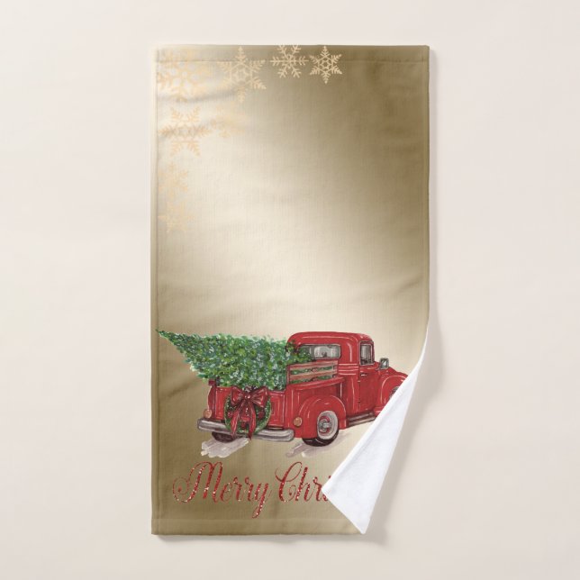 Conjunto De Toalhas Red Truck Pine Tree Christmas, Snowflakes, Dourado (Toalha de mão)