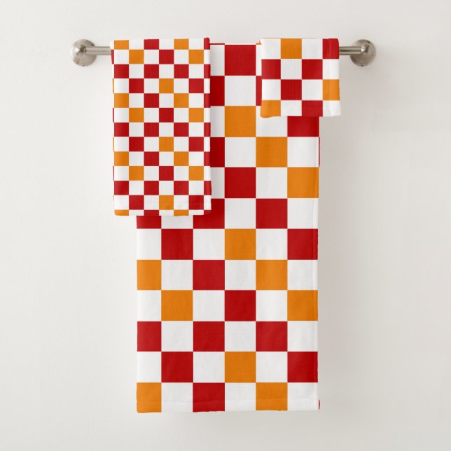 Conjunto De Toalhas Red White Orange Checkered Pattern Design  (Insitu)