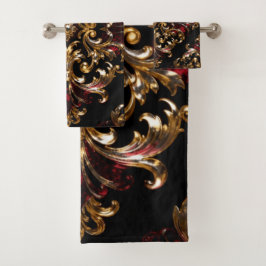 Conjunto De Toalhas Regal Noir Pattern | Gold Scrollwork & Crimson