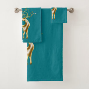 Conjunto De Toalhas Reindedo De Natal Dourado No Azul Teal