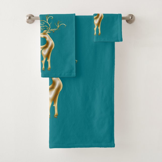 Conjunto De Toalhas Reindedo De Natal Dourado No Azul Teal (Insitu)