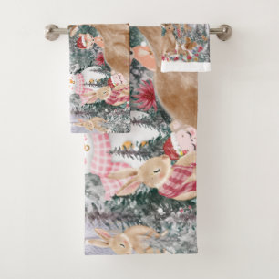 Conjunto De Toalhas Reindeer de Aquarela Rosa, Snowman Feliz Natal
