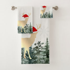 Conjunto De Toalhas Reindeer Dourado,Santa Hat,Flocos de neve,Floresta