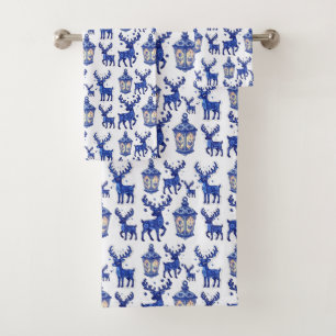 Conjunto De Toalhas Rena de Natal e Lanterna de Férias em Azul Delft