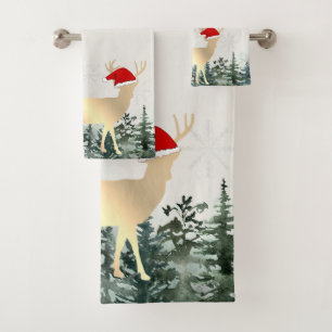 Conjunto De Toalhas Rena Dourada,Chapéu de Papai Noel,Flocos de Neve,F