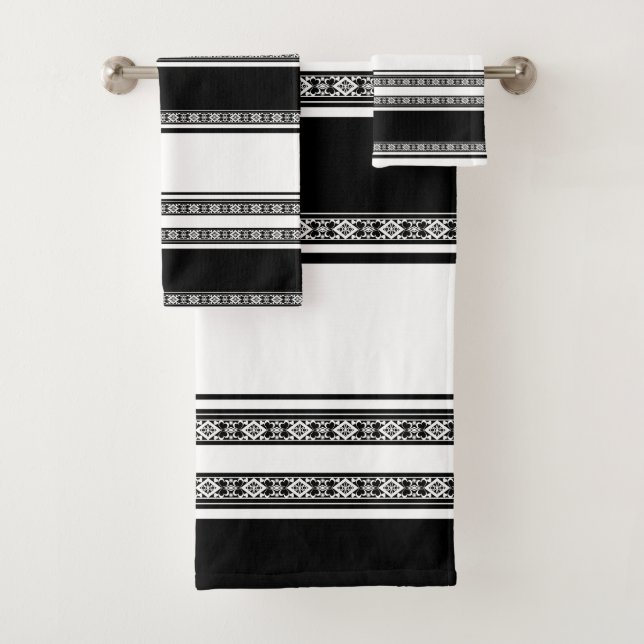 Conjunto De Toalhas Renda preta e branca trançada e listras horizontai (Insitu)