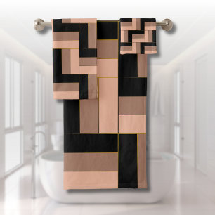 Conjunto De Toalhas Retângulos Geométricos Pretos de Mocha Castanho