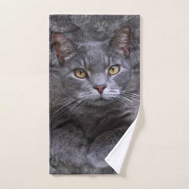 Conjunto De Toalhas Retrato de Gato Cinza (Toalha de mão)