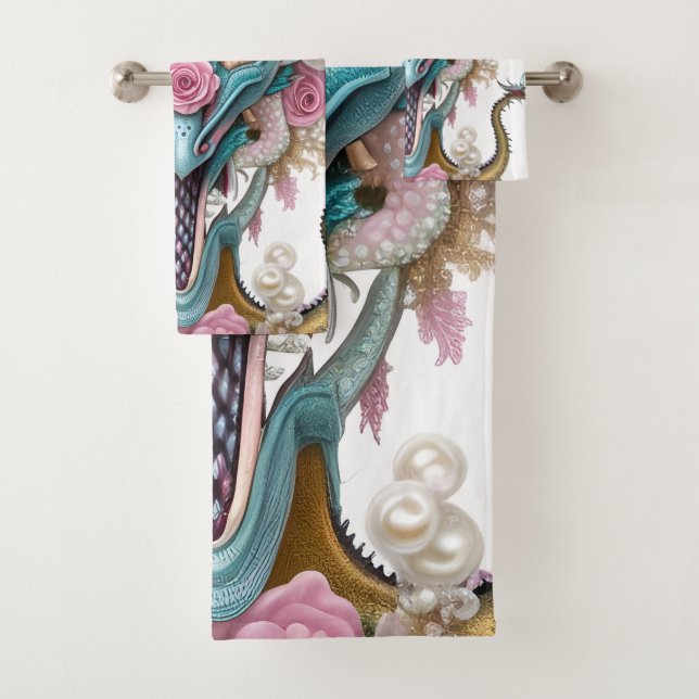 Conjunto De Toalhas Retrato de uma linda cabeça de dragão rosa-branca (Insitu)