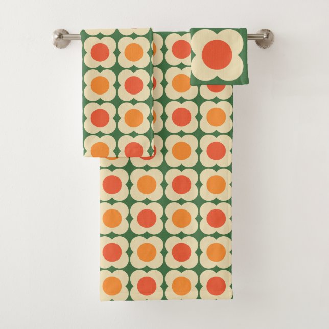 Conjunto De Toalhas Retro 70s Scandi Flowers -Mid mod- Orange on Green (Insitu)