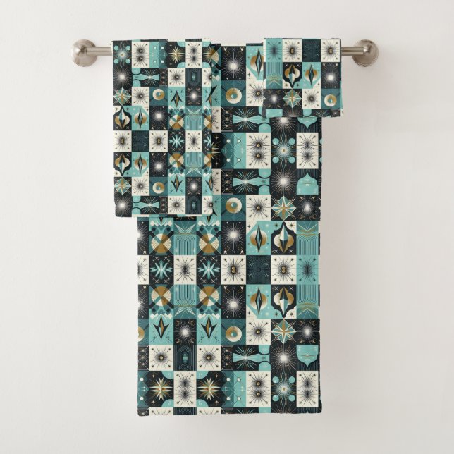 Conjunto de Toalhas Retro Aqua Diamond Mid Century (Insitu)