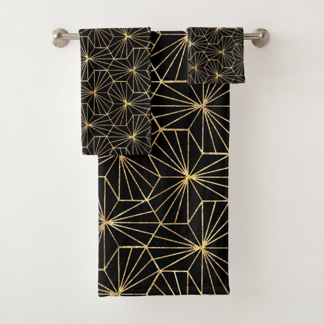Conjunto De Toalhas Retro Art Deco Gold Black Geometric Pattern (Insitu)