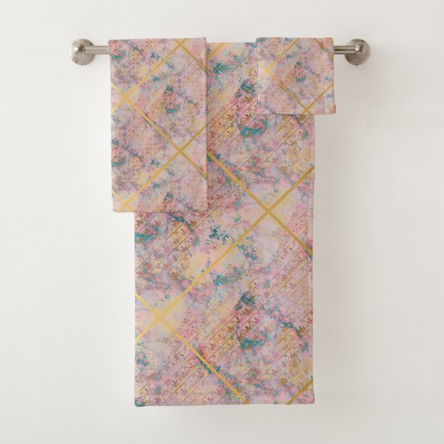 CONJUNTO DE TOALHAS RETRO ART DECO PINK DOURADO MARBLE BATHROOM TOWEL (Insitu)