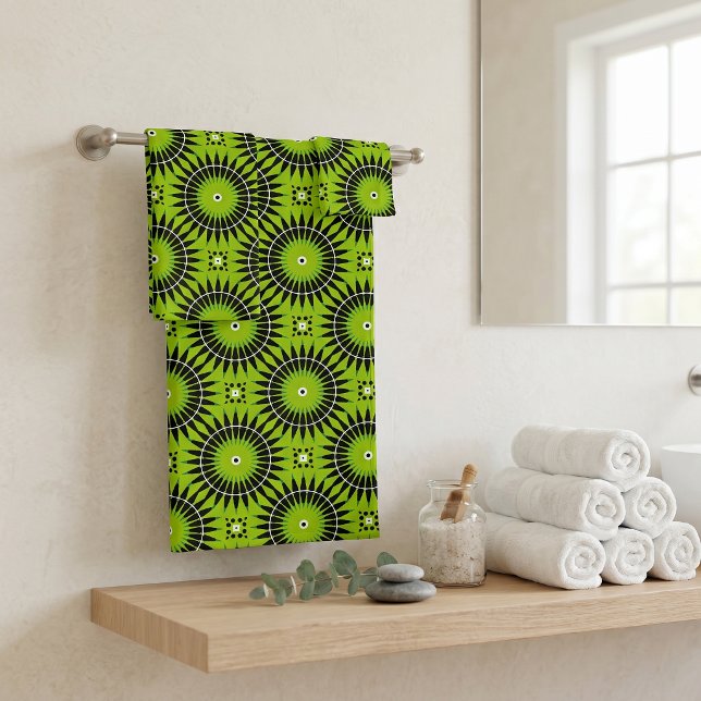 Conjunto De Toalhas Retro Boho Verde Lima Preto Geométrico Mandala (Criador carregado)