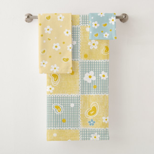 Conjunto De Toalhas Retro Daisy Floral Pattern Yellow and Blue (Insitu)
