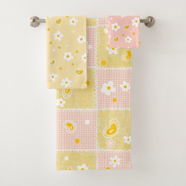 Conjunto De Toalhas Retro Daisy Floral Pattern Yellow and Pink (Insitu)