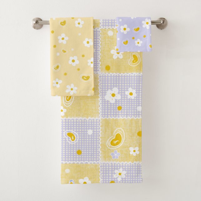 Conjunto De Toalhas Retro Daisy Floral Pattern Yellow and Purple  (Insitu)