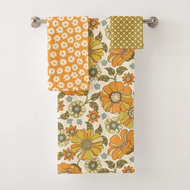 Conjunto De Toalhas Retro Floral Laranja 70 (Insitu)