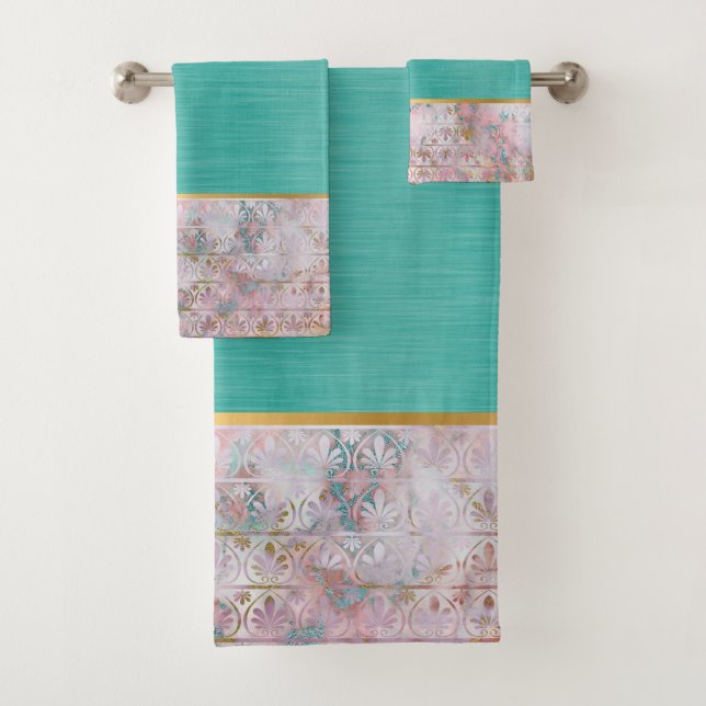 CONJUNTO DE TOALHAS RETRO MARBLE FLOWER AQUA BATHROOM TOWEL SET (Insitu)