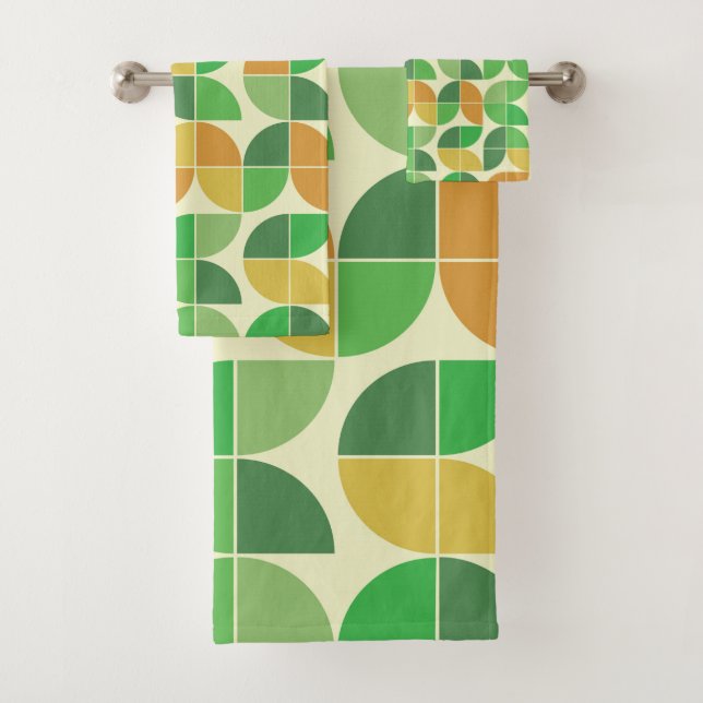 Conjunto De Toalhas Retro Meados do Século Geométrico Floral Verde (Insitu)