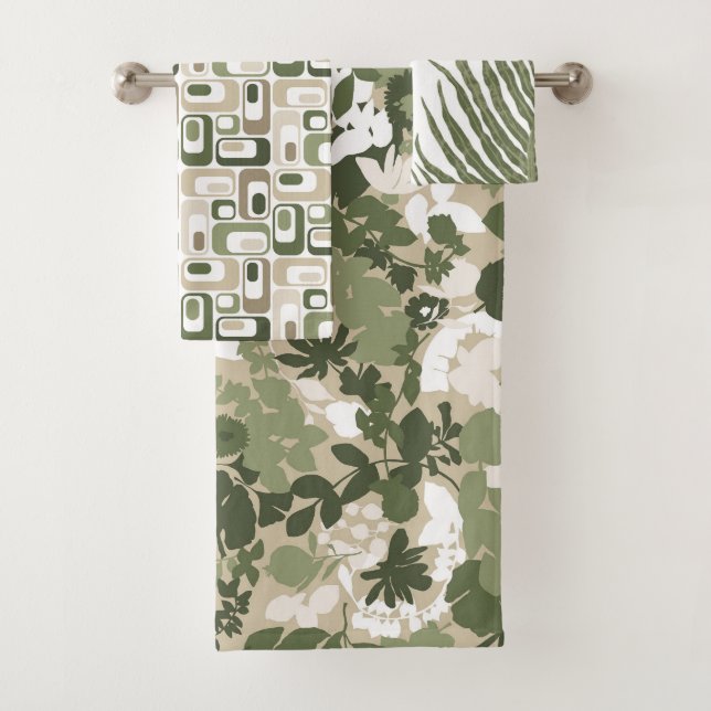 Conjunto De Toalhas Retro Mod Patterns Sage Olive Green Beige  (Insitu)