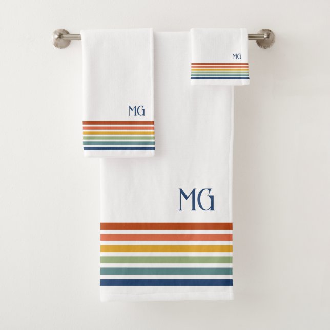 Conjunto De Toalhas Retro Monogrammed Minimalist Stripes (Insitu)