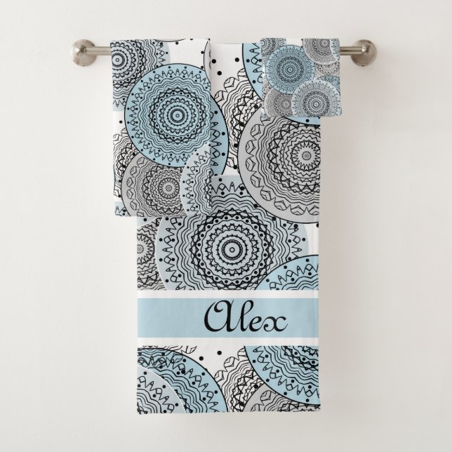 Conjunto De Toalhas Retro, padrão retrô, azul e cinza, elegante (Insitu)