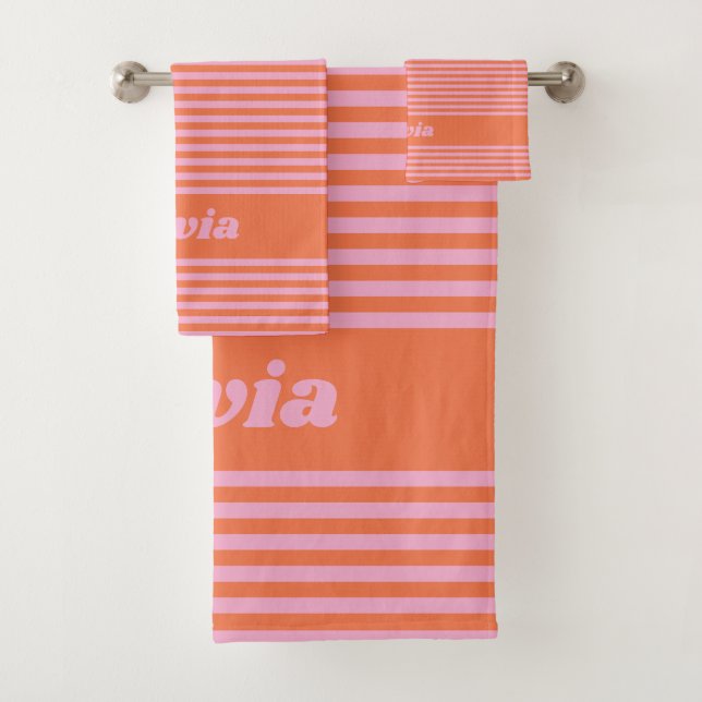 Conjunto De Toalhas Retro Pink Orange Stripe Personalized Name (Insitu)