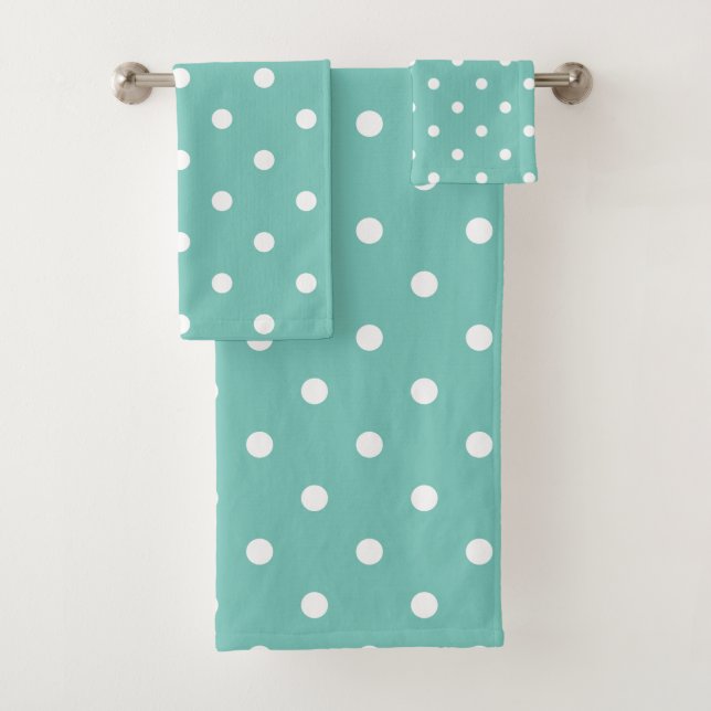Conjunto De Toalhas Retro Pontos Brancos Polka Em Azul Turquesa (Insitu)