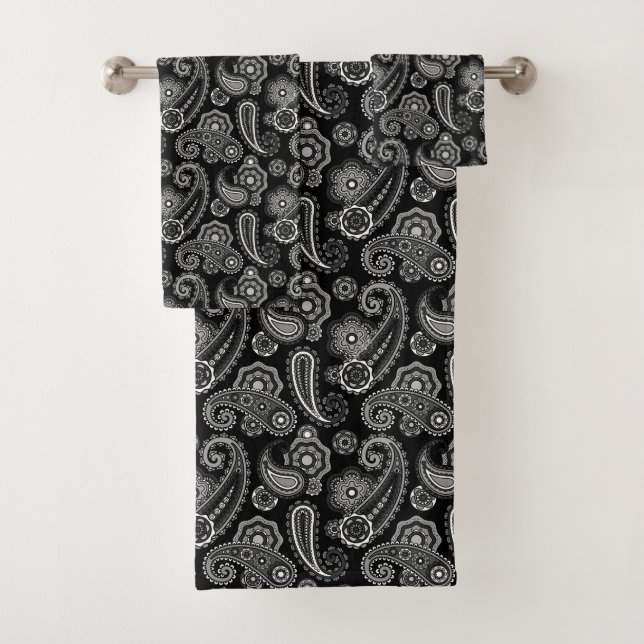 Conjunto De Toalhas Rico de Paisley Preto e Branco (Insitu)