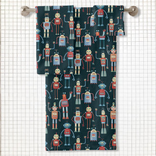 Conjunto De Toalhas Robôs Retroativos Da Vintagem Fresca Escuro