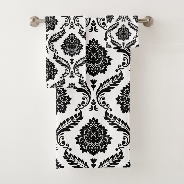 Conjunto De Toalhas Rococó Damask Padrão Misto Preto no Branco (Insitu)