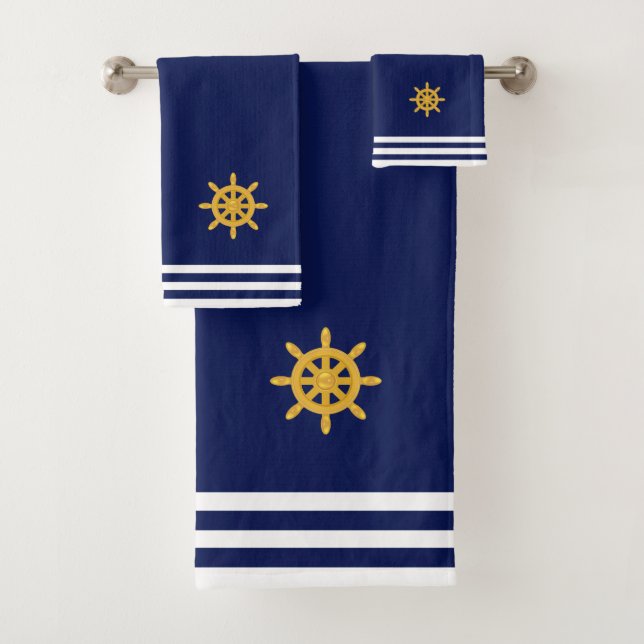 Conjunto De Toalhas Roda de Navio Dourada & Listras em Azul Marinho (Insitu)