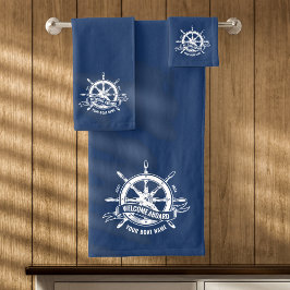 Conjunto De Toalhas Roda de Navio Náutico Bem-vindo a Bordo Azul Marin
