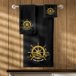 Conjunto De Toalhas Roda de Navio Náutico Bem-vindo a Bordo Preto e Do