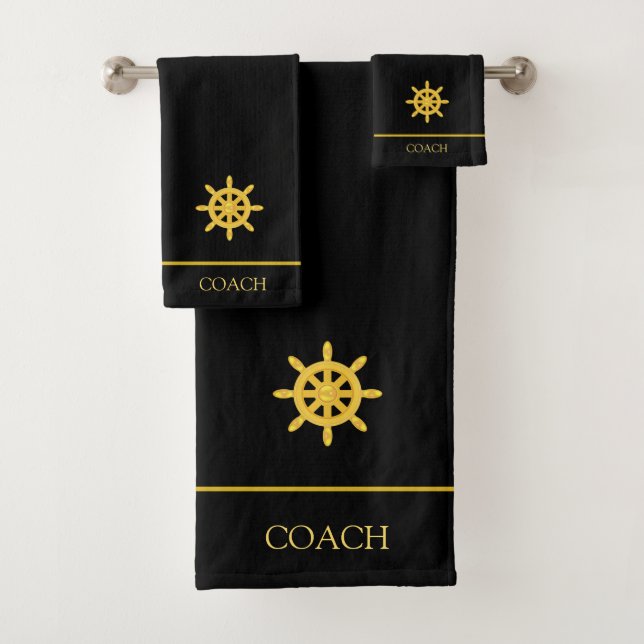 Conjunto De Toalhas Roda do Leme de Navio Dourada & Texto em Preto (Insitu)