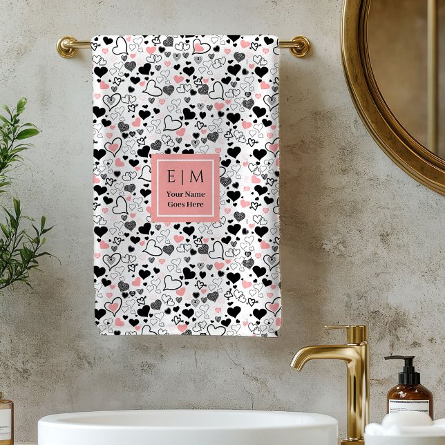 Conjunto De Toalhas Romantic Love Gift Bath Towel Pink Black Hearts (Romantic Love Gift Bath Towel Pink Black Hearts)