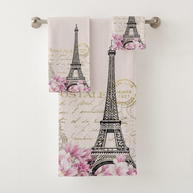 Conjunto De Toalhas Romântica Pink Blossoms Paris Torre Eiffel (Insitu)