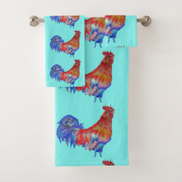 Conjunto De Toalhas Rooster Vermelho Galinhas Galinhas Azul Aqua Boys