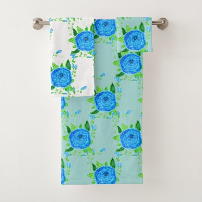 Conjunto De Toalhas Rosa Azul Flor Com Teal (Insitu)