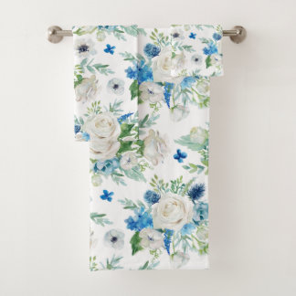 Conjunto De Toalhas Rosa Branca Romântica e Padrão Floral Azul