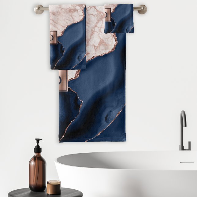 Conjunto De Toalhas Rosa de Ágata Azul Marinho com Mármore em Dourado (Criador carregado)