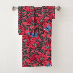 Conjunto De Toalhas Rosa de cão e borboletas em vermelho e azul