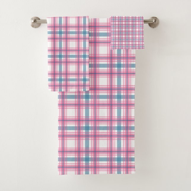 Conjunto De Toalhas Rosa Divertido E Tartan Azul (Insitu)