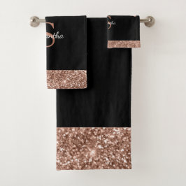 Conjunto De Toalhas Rosa Dourado Chic Brilho Gotas Preto Monograma Nom