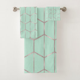 Conjunto De Toalhas Rosa Dourado & Chic Geométrico Hexagonal de Menta 